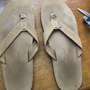 Only worn once rainbow flip flops tan leather